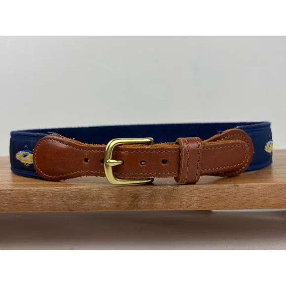 Preston Belt 24 Navy Blue Tuna Fish Embroidered Nautical Preppy Canvas Leather