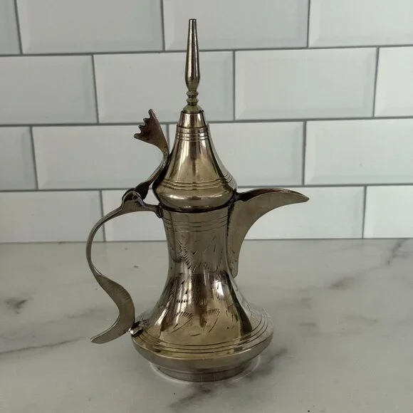 Vintage Middle Eastern Brass Coffee Pot With Engraved Details & Hinged Lid