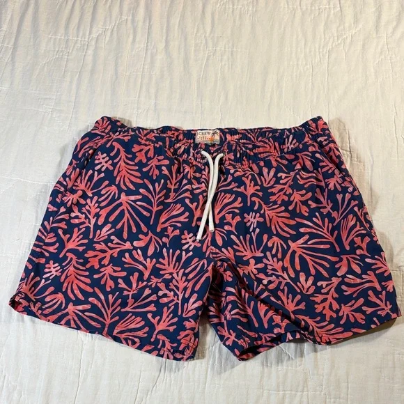 Men’s J. Crew Coral Branch Print Swim Trunks Navy & Pink Size Large