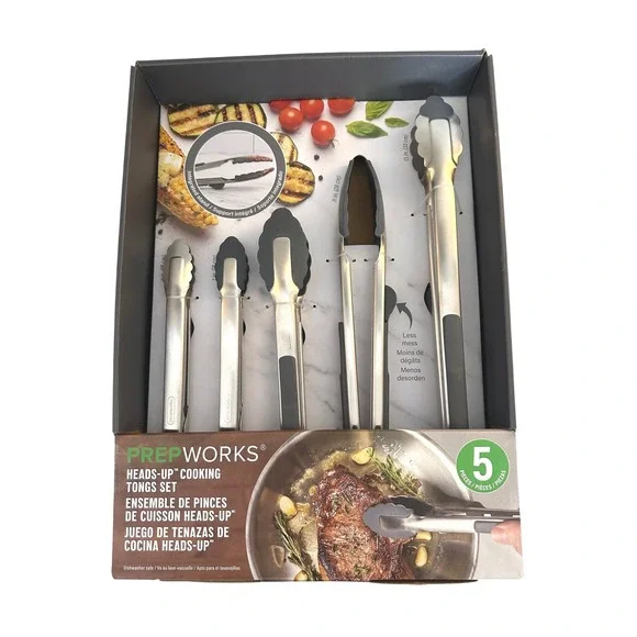 PrepWorks Silver Silicone Heads-Up Cooking Tongs Set 5 Piece