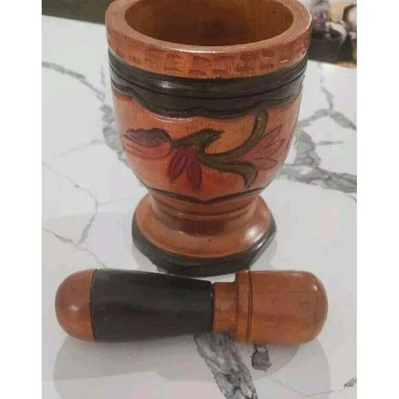Vintage‎ Wood Hand Turned Carved Floral Three Tone Mortar and Pestle LARGE