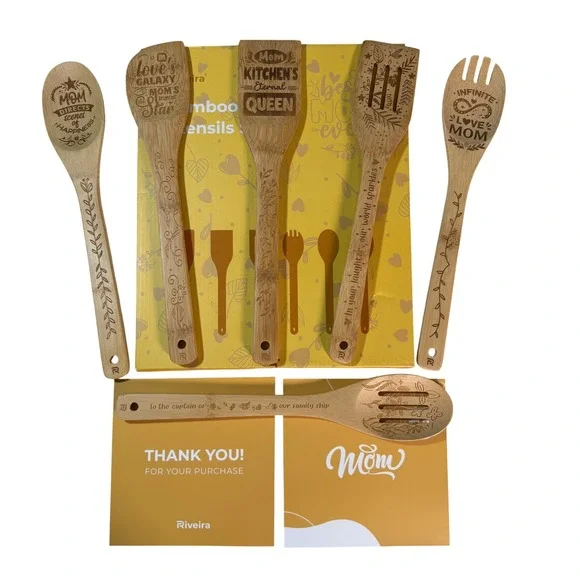 Riveira Bamboo Kitchen‎ Utensils Spatulas Spoons Set Mom Gift 6pc