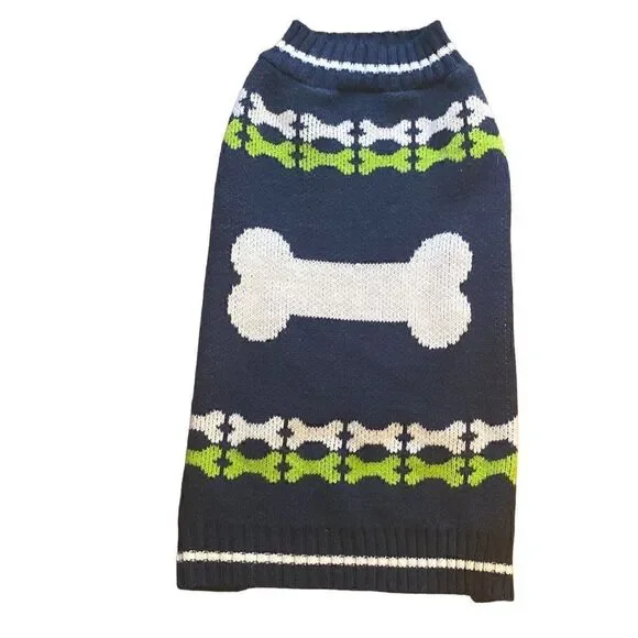 Navy blue dog sweater with white bone and Green bone trim XL