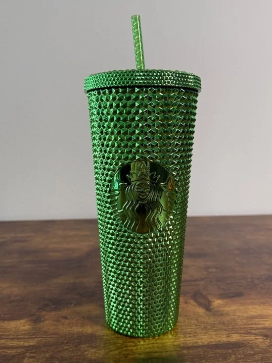 NWT Starbucks Metallic Green Studded Tumbler with Straw, 24 Oz