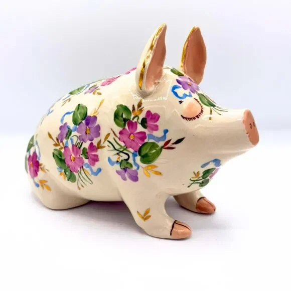 Vintage Floral Ceramic Pig Figurine Statue Country Cottagecore Farmhouse Decor