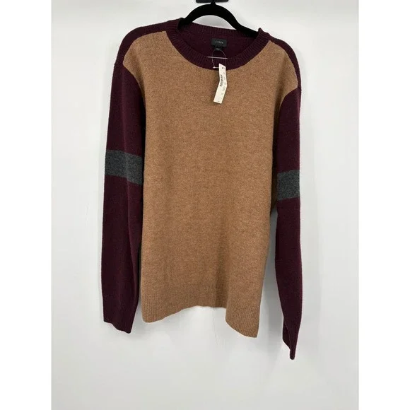 J. Crew Lambswool Colorblock Crewneck Sweater Burgundy Tan Gray Mens XL