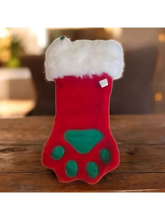 Dog Christmas stocking Plush Pet Dog Holiday Red Green Faux Fur Paw Shape