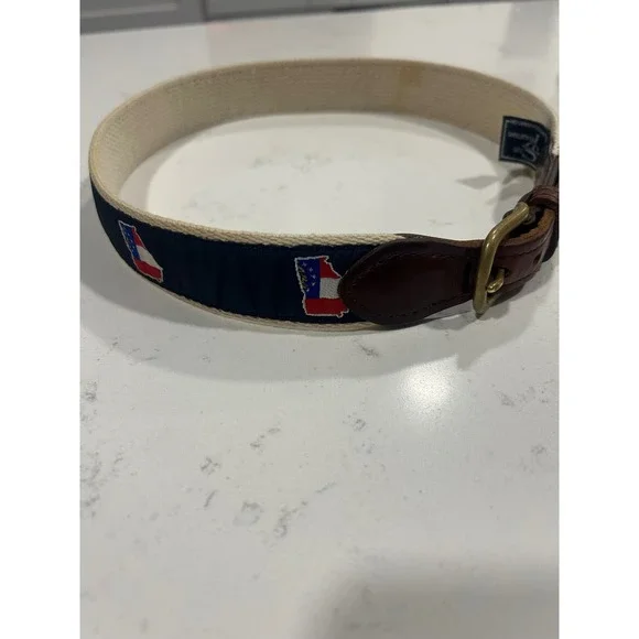State‎ Traditions Kids Georgia Flag Canvas Ribbon Belt Navy Cream Leather 26/65