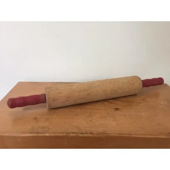 Vintage Wooden Manual Dough Rolling Pin Red Handles Baking Farmhouse Decor 16