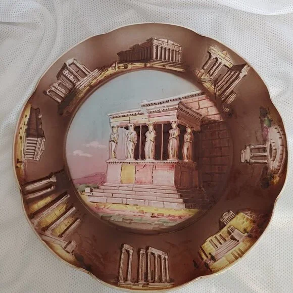 Vintage Greece Art Decorative Raised Design Hand Painted Plate