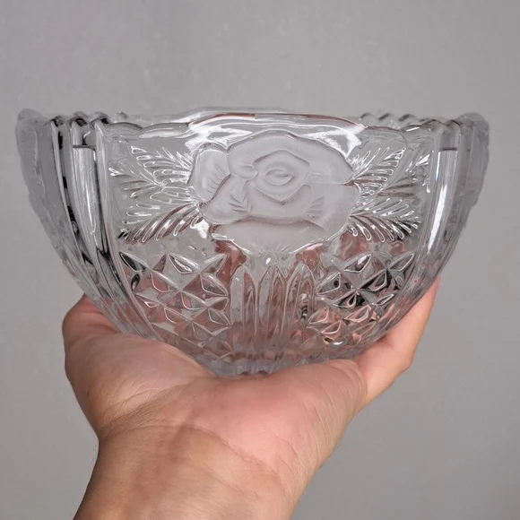 Rare Crystal Lead Oval Bowl German Floral Frosted Dish 24% Lead Crystal
