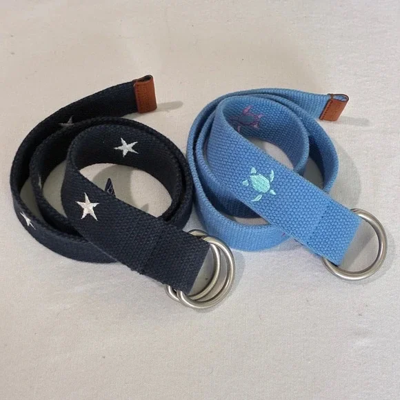 2 Vineyard Vines D-Ring Belts Boys Medium Blue Navy Stars Turtles Preppy Beach