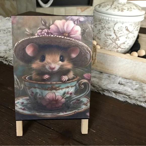 Hand Crafted Floral Tea Cup Mouse print on wooden stand