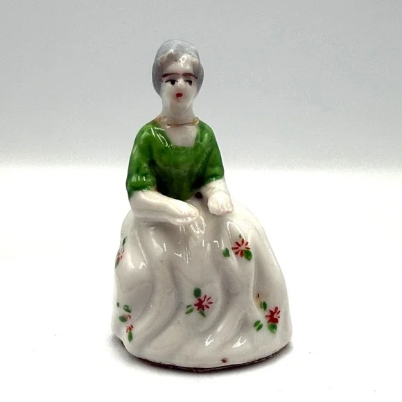 Vintage Miniature Porcelain Seated Lady Figurine Green Floral Dress 2.25 Inch