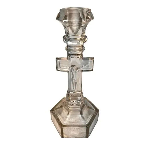 Glass Crucifix Candleholder Religious Jesus On The Cross Inri Cruxification