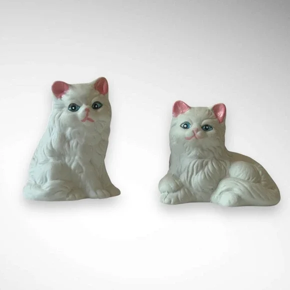 Vintage Pair Of White Bisque Porcelain Cat Figurines Faith and Hope | EUC