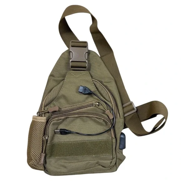 Tactical Sling Bag USB‎ Charging Port Water Bottle Holder Khaki