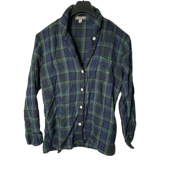 J. Crew flannel pajama top button front blue and green size XS