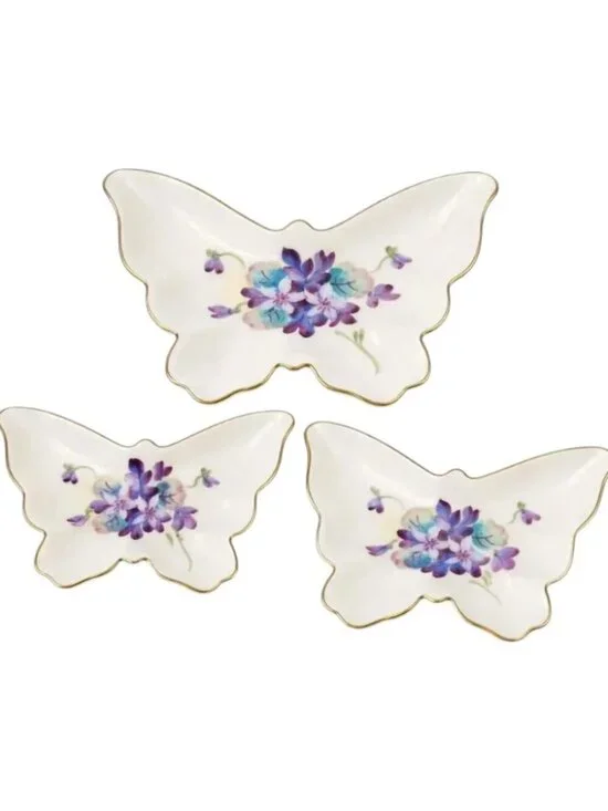 Vintage Butterfly Trinket Dishes Set of 3 Gold Trim Floral Porcelain
