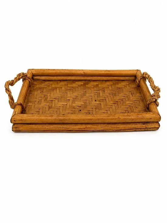 Vintage Bamboo Woven Serving Tray with Rope Handles 💕