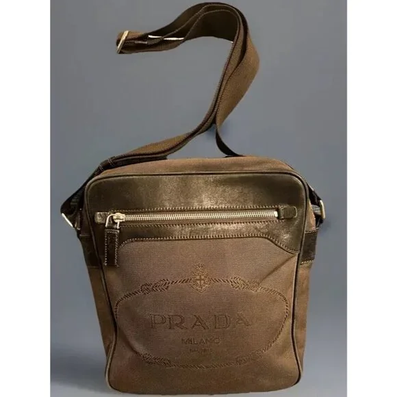 Prada Canapa Messenger Bag Jacquard Brown‎ Canvas Leather With Logo Vintage