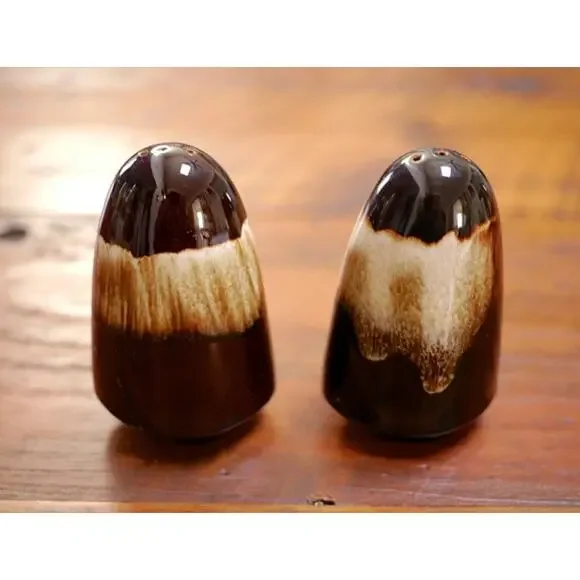 Pair of Vintage Mid Century Brown Lava Drip Glaze Ceramic Salt & Pepper Shakers