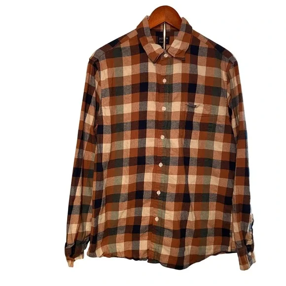 J. Crew Mens Large Flannel Button Down Shirt Brown Green Plaid Long Sleeve