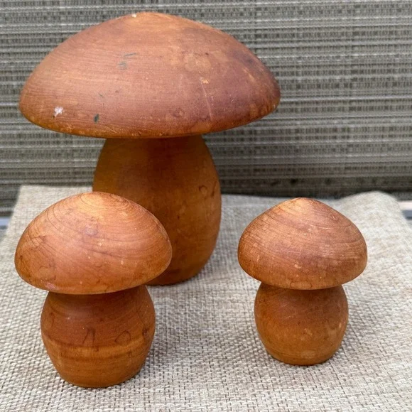 Vtg Colorado Aspen Wood Mushroom Figurines SET of 3 Handcrafted Rustic Decor