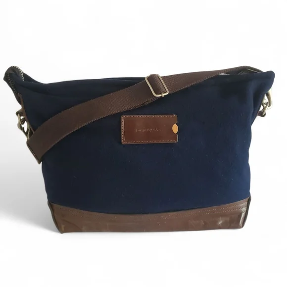 PROPERTY OF... Vintage Navy Blue Wool‎ Blend / Cognac Leather Men's Day Bag