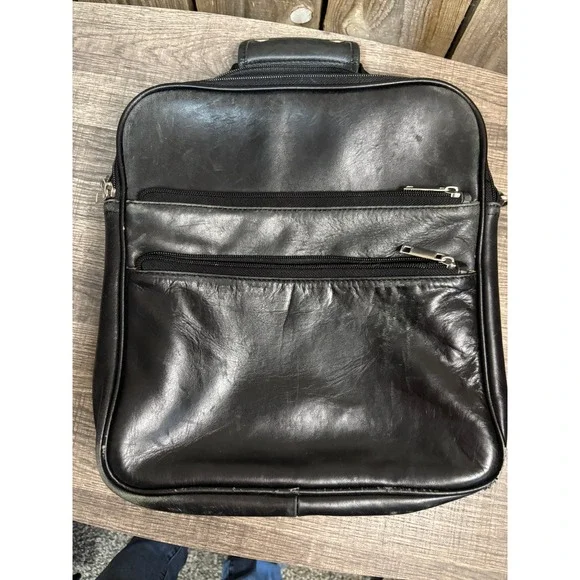 Vintage Black Leather Fold Out Messenger Bag Multi Pocket Travel Case Handbag