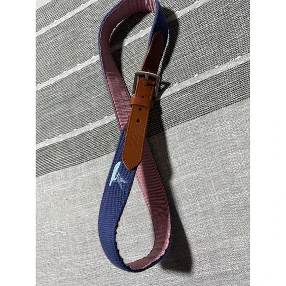 Vineyard Vines Boys Blue Canvas Sailboat Belt Leather Trim‎ Whale Logo Kids