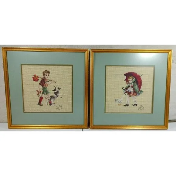 Boy Play with Dog Girl Walk with Umbrella Wall Hanging Frame Needlepoint Set 2