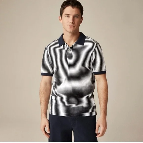 J.Crew Flex Pique Polo Shirt Men Medium Navy White Stripe Stretch Cotton NWT