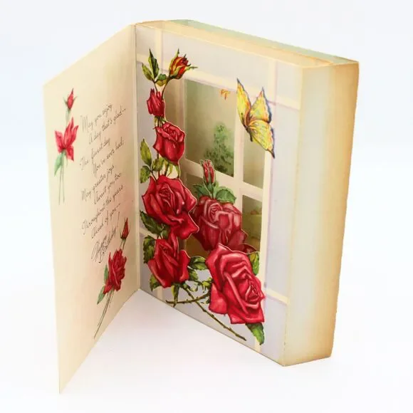 Vintage 1930s 3D Birthday Greeting Card Red Roses Garden Shadow Box Pop Up Style