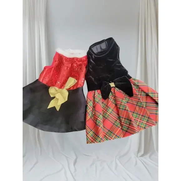 2 Christmas Holiday Party Dog Dress Red Black Sequin Velvet Bows Size Small