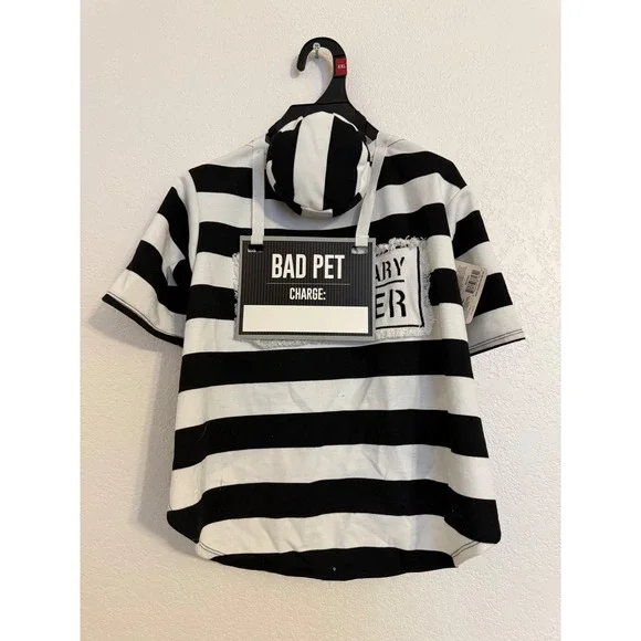XXL Bad Pet Costume Prisoner Jail Bird‎ Striped Shirt Dog Cat Outfit Halloween