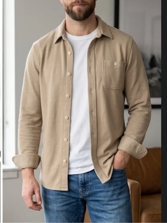 J. Crew Men's Cotton Waffle Shirt In Beige Size M Collar Long Sleeve Casual EUC