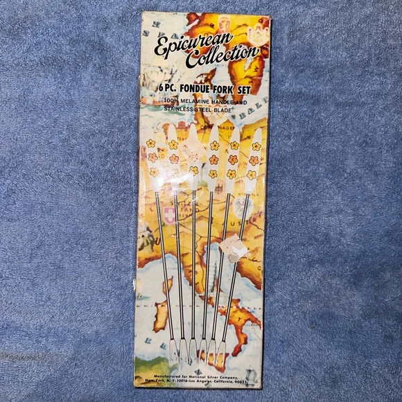 NOS Vintage Epicurean Collection 6 Pc Fondue Fork Set Malamine Handles