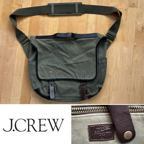 💼J.Crew Green Canvas Fabric & Brown Leather Adjustable Strap Messenger Bag