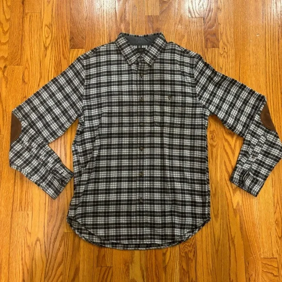 NWT J. Crew black/gray checkered flannel button down with brown elbow patches