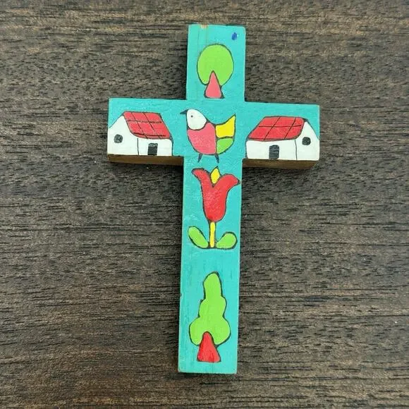 Cross El Salvador Vtg Handmade Turquoise Bird Floral Folk Art Artisan Religious