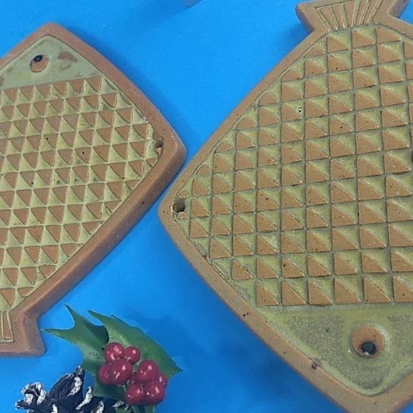 1970s Handmade Fire glazed fish pottery set OF 2 Fish Shaped Trivets