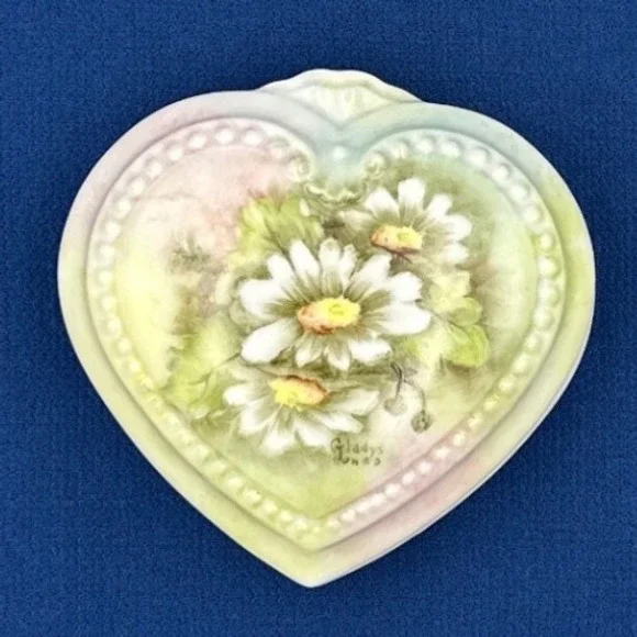 Vintage Gladys Jones Hand Painted Heart Porcelain Trinket Boy Floral Beaded Lid