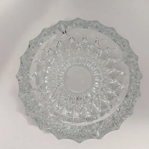 ​Vintage Clear Crystal Ashtray Heavy Diamond Cut Pattern Round Mid Century