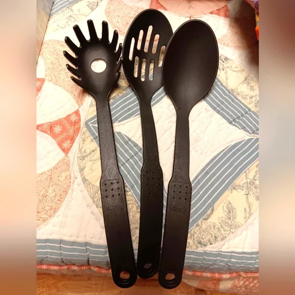 Prestige three piece serving utensils and 2 pc croften wooden utensils