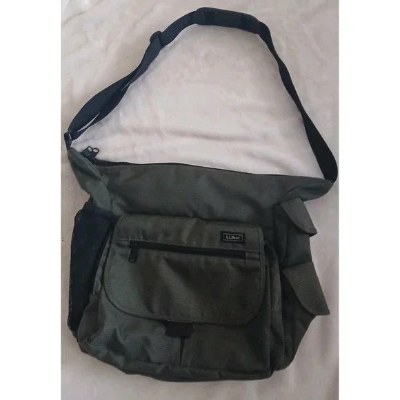 LL Bean Army Green Nylon Messenger Bag