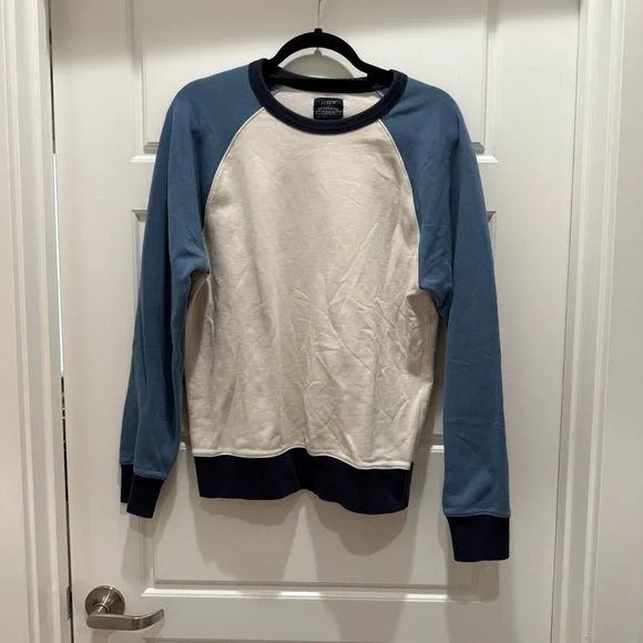 J. Crew Raglan Terry Crewneck Pullover Sweater in Natural Creek Navy Blue Medium