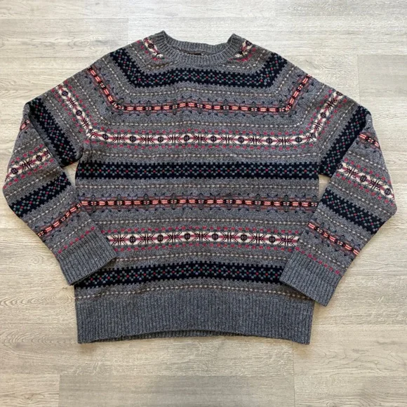 J.Crew‎ 100% Lambswool Fair Isle Sweater Gray Multicolor Men’s Size L