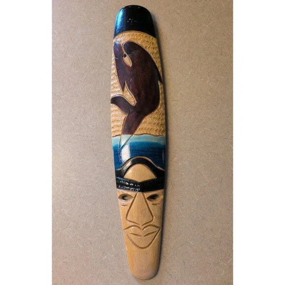 Large Hand Carved Wooden Tribal Face Wall Mask W/Dolphin Carvings 20x4