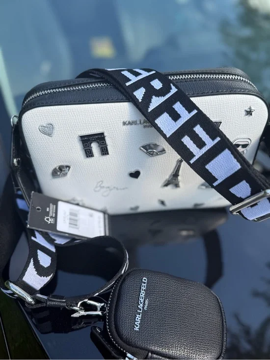 Karl Lagerfeld White & Black Travel Crossbody Bag with Logo Strap🖤🤍